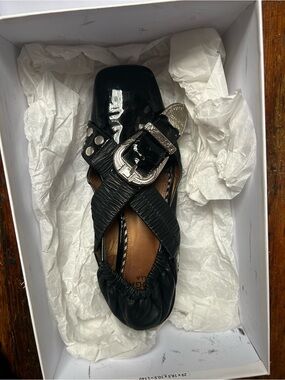 TOGA Pulla Black Patent & Leather Cross-Strap Flats with Silver Buckle